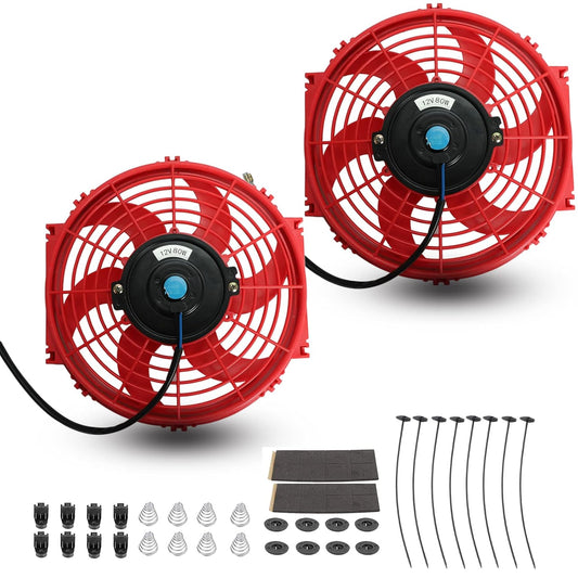 2PCS 10 inch Slim Fan Push Pull Electric Radiator Cooling 12V 80W Mount Universal Kit Red