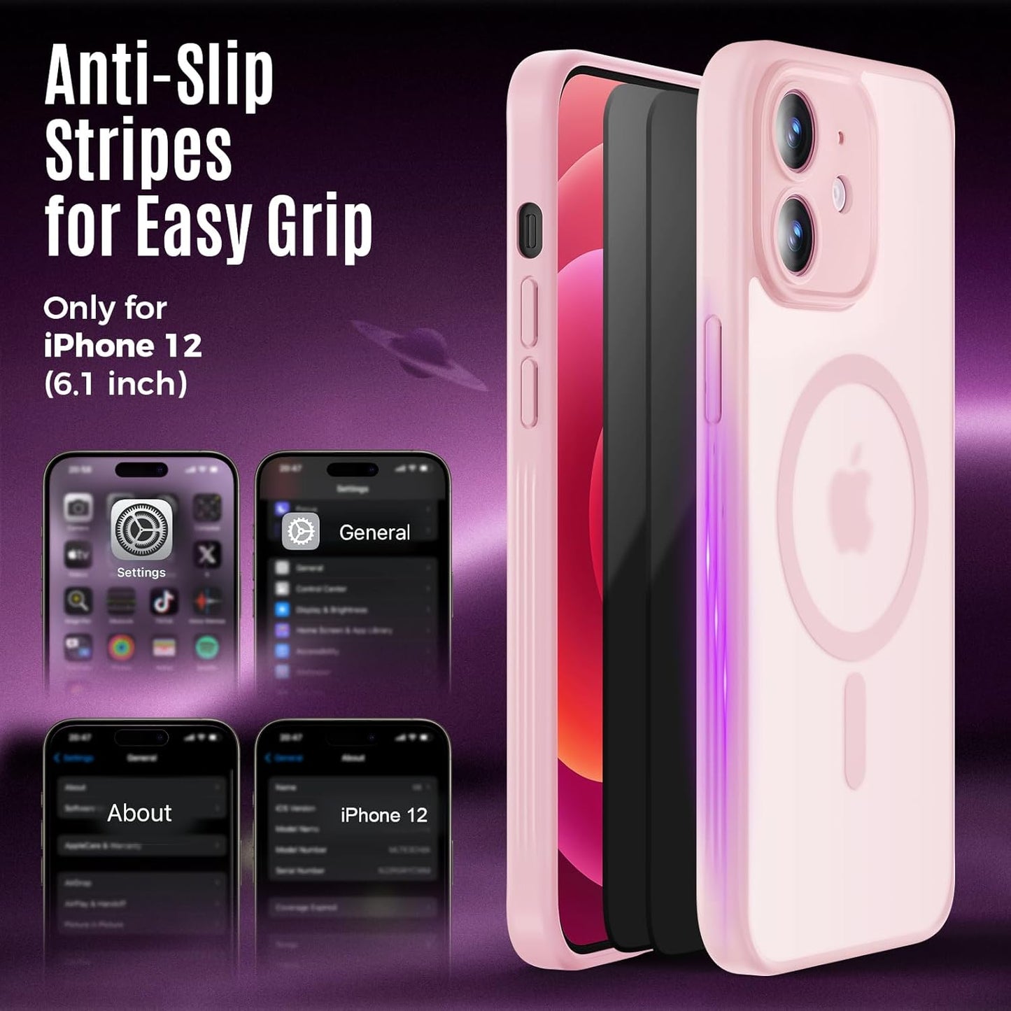 Designed for iPhone 12 Case, Compatible with MagSafe, with Privacy Screen Protectors X2, [Camera Protection] [15FT Military Drop Protection] Shockproof Phone Case, 6.1", Pink