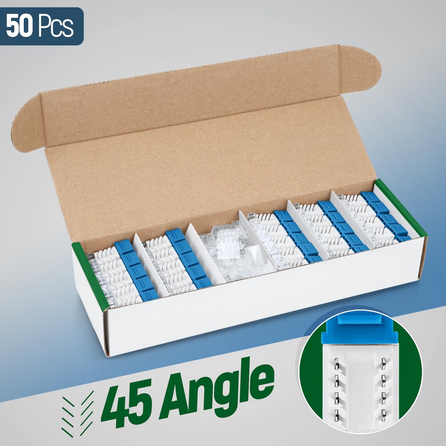 Everest 45° Angled RJ45 Cat6A Keystone Jacks 50-Pack in Blue - Slim Profile Female RJ45 Connectors - Cat 6A Keystone Jack - Compatible with 45° Angled Speed Termination Tool - 45Term (B0BL3GS7ZY)