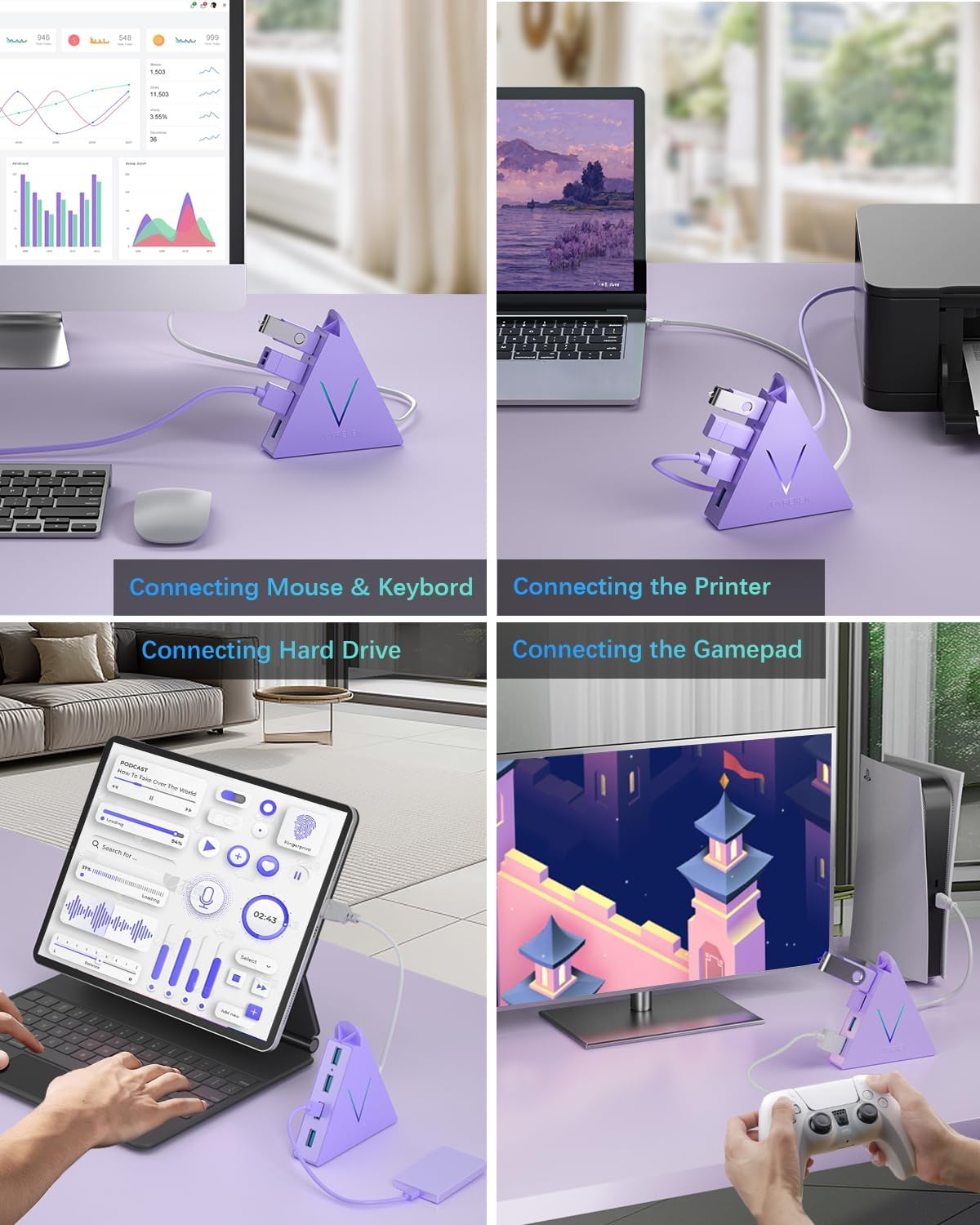 4-Port USB 3.0 Hub Tower with 2ft Cable - USB Splitter for Laptop,PC,PS4,PS5,Xbox,Mouse,Keyboard,Hard Drives,Mobile HDD(Light Purple)