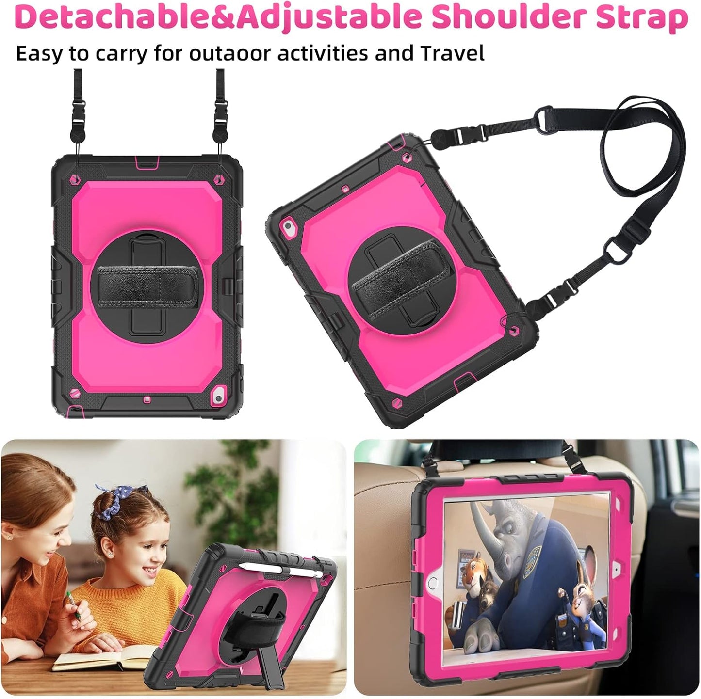 BLOSOMEET Case for iPad 9th Generation 2021 10.2 Inch with Tempered Glass Screen Protector & Pencil Holder,Protective Kids iPad 7th/8th Gen Cover 2020 2019 w/Stand Hand Shoulder Strap,Rosered