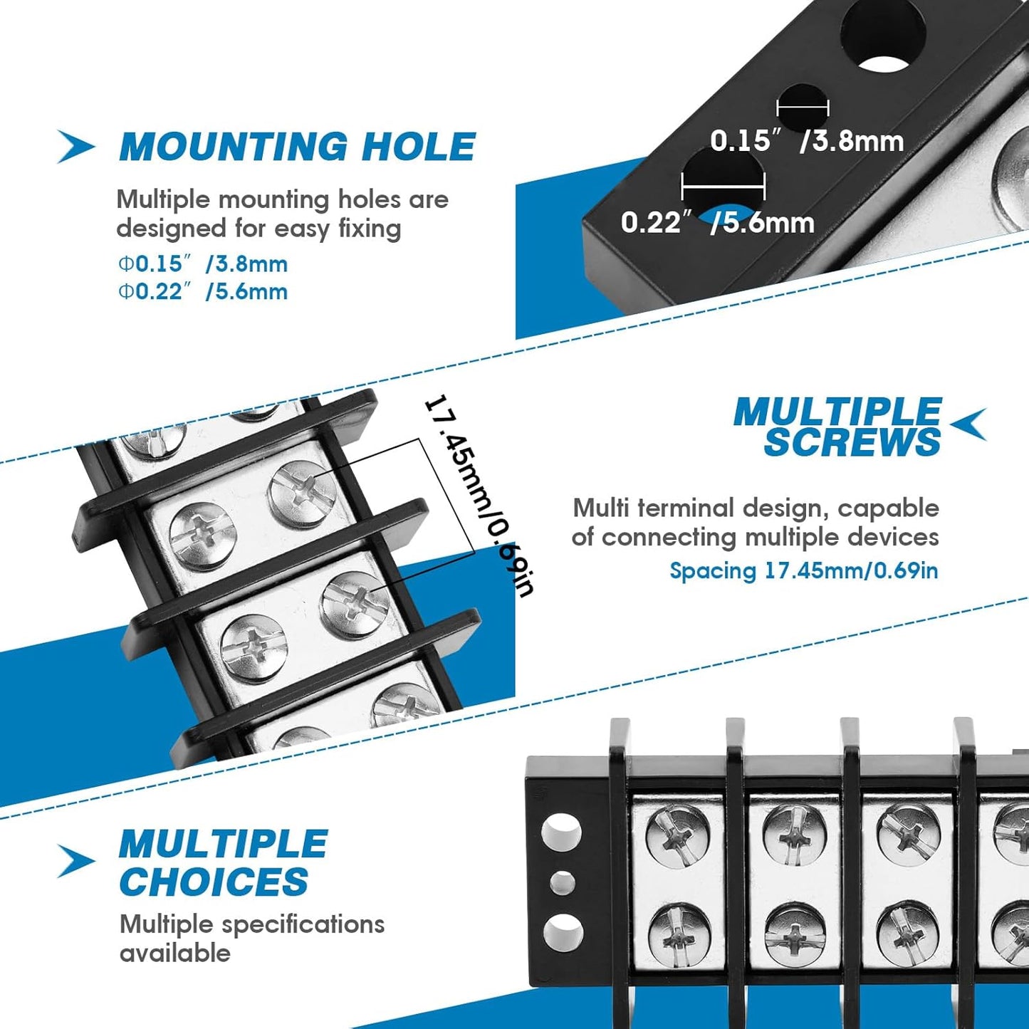 GLOSO TBE Double Row Stainless Terminal Blocks, Marine Grade, 4-14 AWG Cu, 75A/600V - 1 Pack, 10 Poles