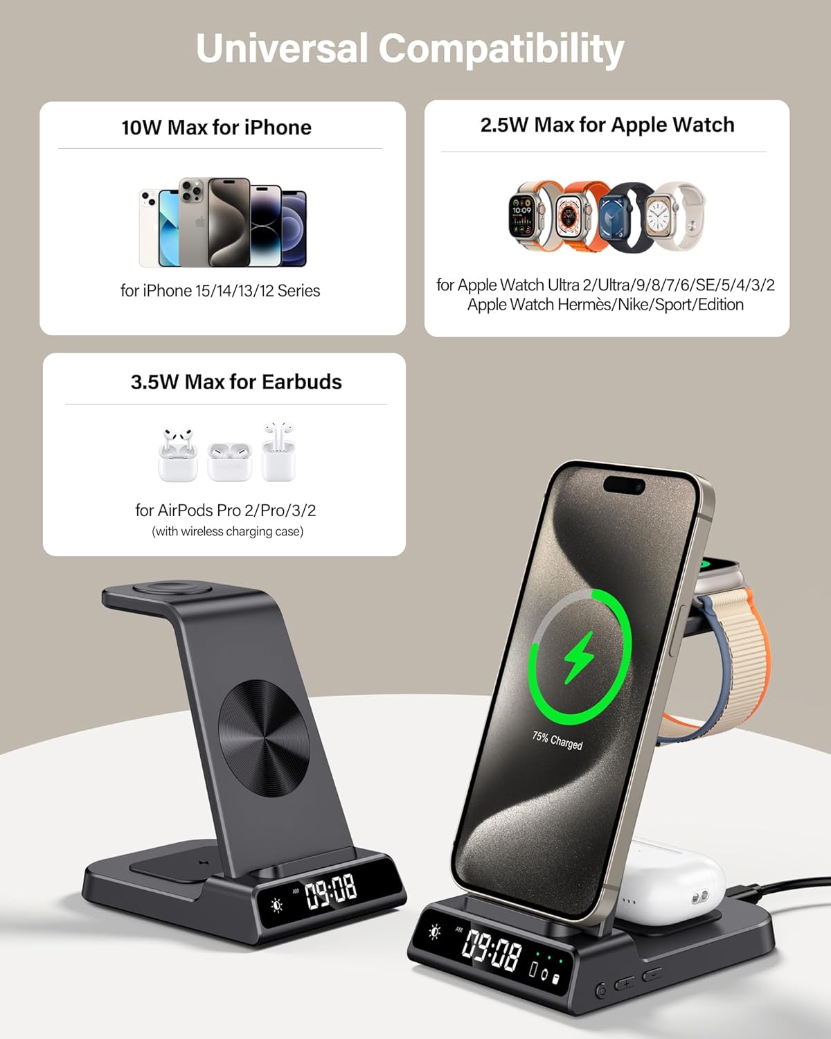 leChivée Wireless Charger for Apple Devices, 3 in 1 Wireless Charging Station Dock for iPhone 16 Pro Max/16 Pro/15/14/13/12, Apple Watch Charger for iWatch Ulltra 2/9/8/7/SE/6/5/4/3, AirPods Pro/4/3