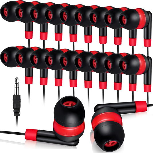 Kanayu 100 Pack Wired Earbuds Bulk for Classroom Ear Headphones Wired Basic Student Earbuds No Microphone with 3.5mm Jack for Kids Class Laptop School Library, Individually Bagged(Red)