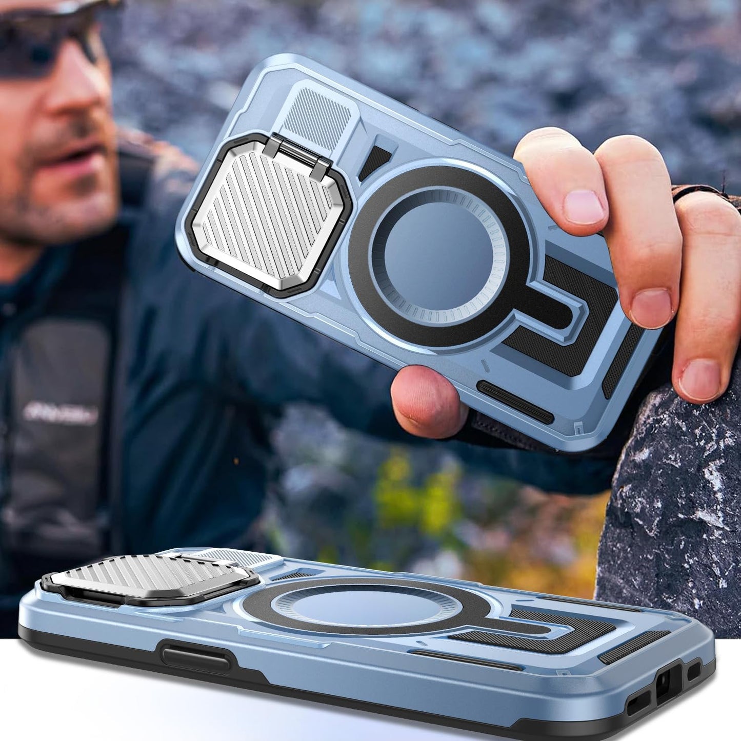 Camera Stand Case for iPhone 15 Plus, [Compatible with Mag Safe] [Lens Cover] 2024 Version Military Grade Protective Soft Case for iPhone 15 Plus 6.7 inch Men Women, Blue