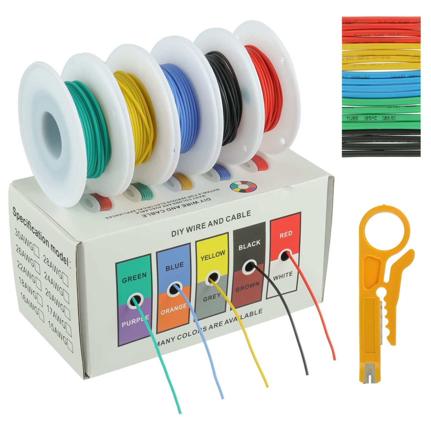 BOJACK 28 AWG Flexible Silicone Wire Electric Wire Hook up Wire Kit 300V Cables with Plus 20 φ2mm Heat Shrink Tubings and a Mini Wire Stripper(5 Colors 32.81Ft Each Color, 28AWG)