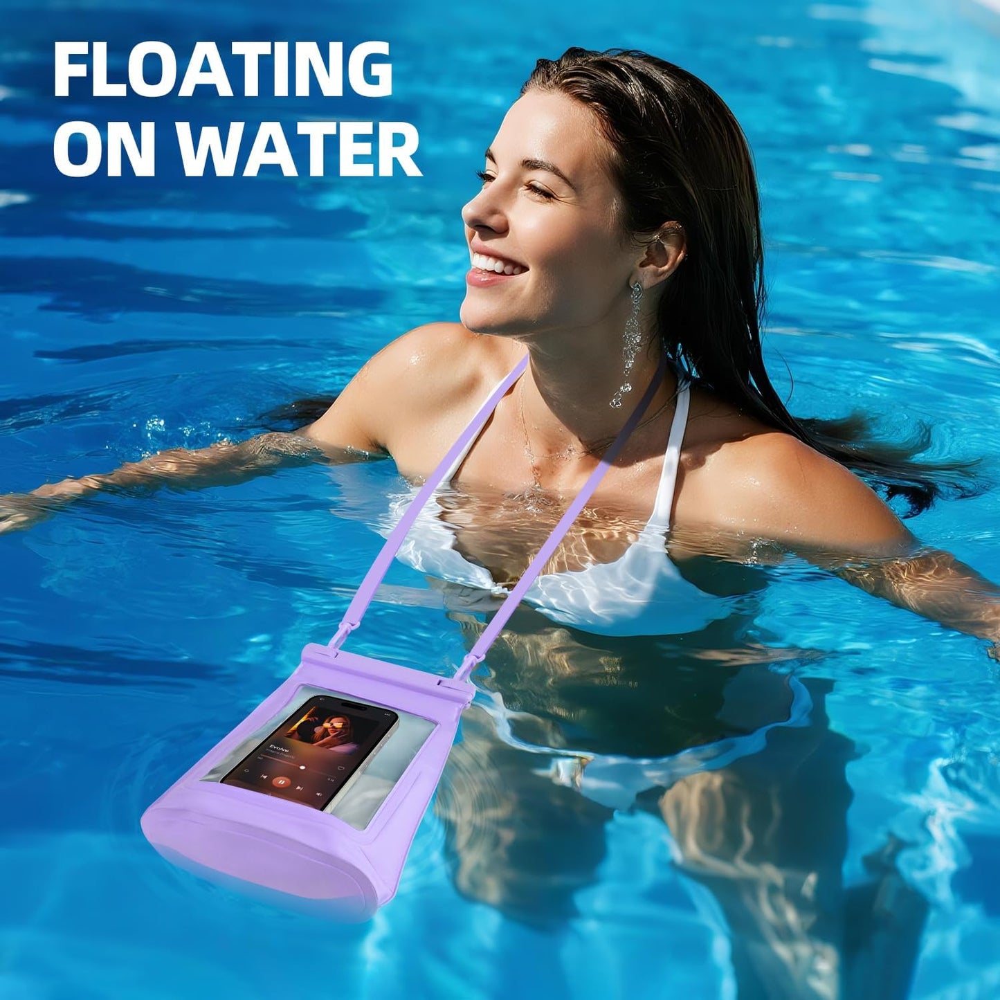 2L Floating Waterproof Phone Pouch for Up to 7.5", Large Space Adjustable Neck Lanyard Waterproof Bag. Dry Bag for Family Vacations, Beach, Pools, Kayaking, Cruises (Purple)