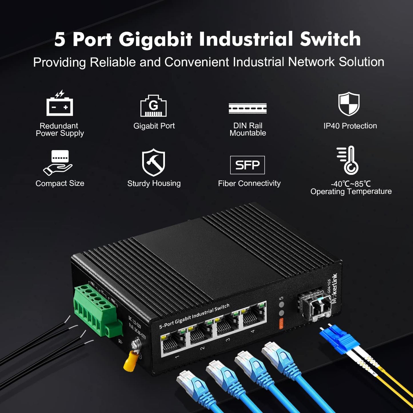 MokerLink 5 Port Industrial DIN-Rail Network Switch, 4 Gigabit Ethernet, 1 SFP, 14Gbps Switching Capacity, IP40 Rated (-40 to 185F), With UL Power Supply