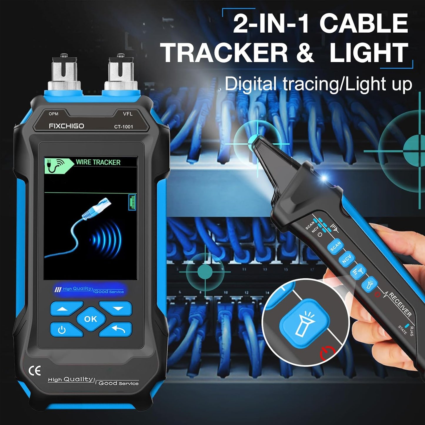 10 in 1 Network Cable Tester with 7 Wavelengths OPM 10Km/10mW VFL 600M Measurable Length 100 Records Tool Kit for CAT5 CAT6 Telephone Ethernet RJ11 RJ45 PoE Wire Tracer NCV, Blue