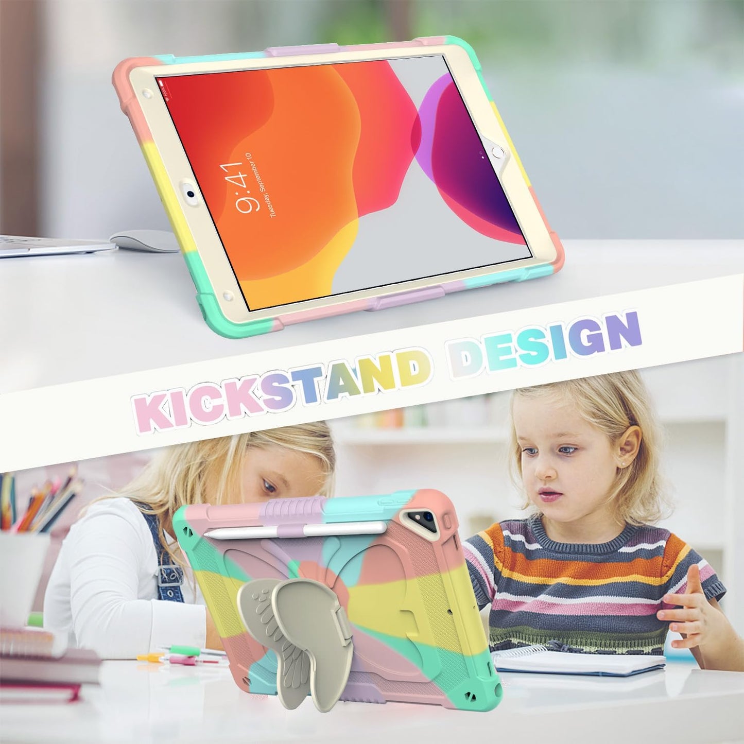 BLOSOMEET Pink Kids Case for iPad 9th/8th/7th Generation 2021/2020/2019 10.2 Inch with Tempered Glass Screen Protector & Butterfly Stand Cover for iPad 10.2 with Shoulder Strap Pencil Holder