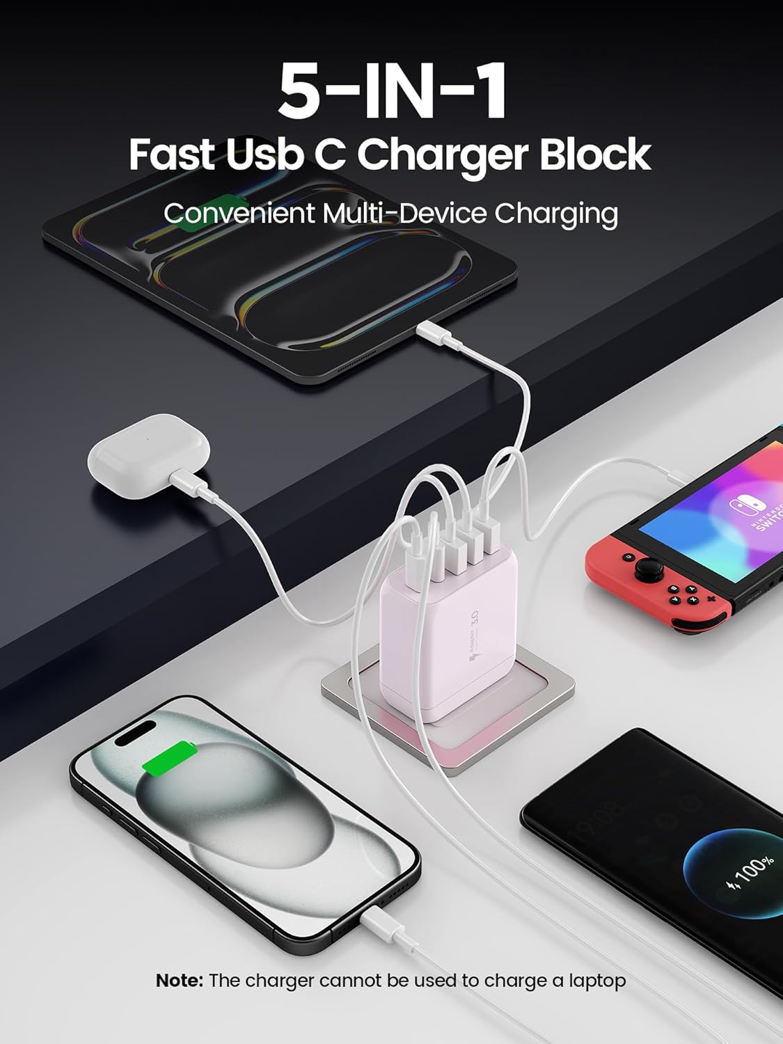 2-Pack Type C Fast Charging, 50W 5-Port USB Wall Charger Cube for iPhone 16 15 14 13 12 11 Pro Max XS, iPad, Samsung & More - Pink