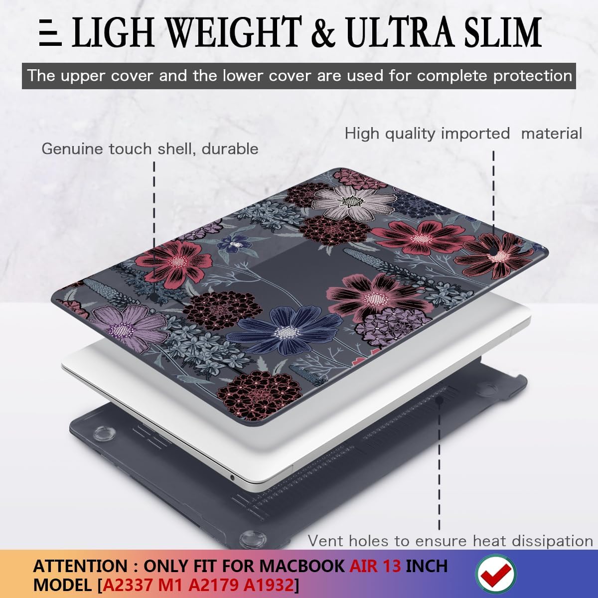 CISSOOK Case for MacBook Air 13 inch M1 Chip A2337 A2179 A1932 2021-2018 Release, Protective Black Shell with Keyboard Skin + Screen Protector for MacBook Air 13-inch with Touch ID, Texture Flowers