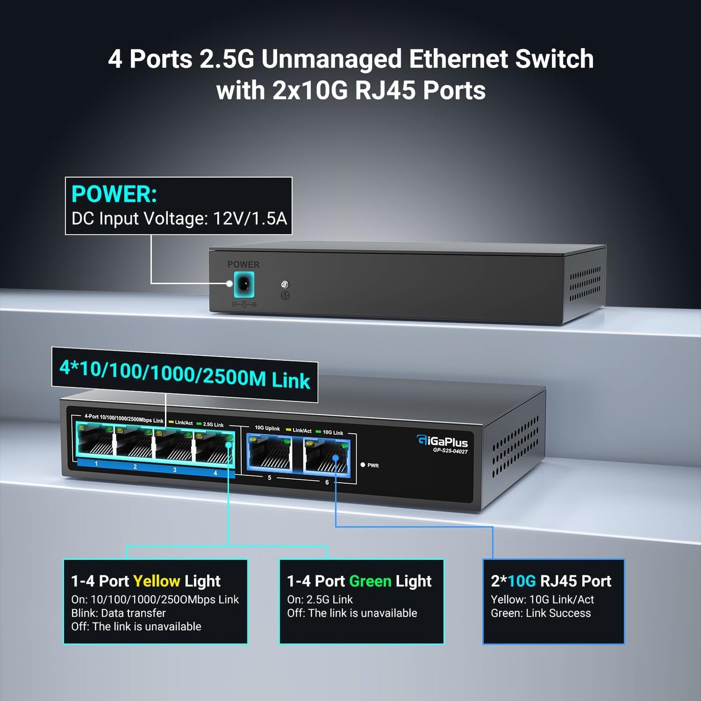 6 Ports 10Gb Unmanaged Ethernet Switch with 4*2.5G Base-T Ports, 2*10G RJ45 Ports. 60Gbps Switching Capacity, GiGaPlus 10Gbps Network Switch for 2.5G/10Gbps NAS/PC, WiFi6 Router, Wireless AP