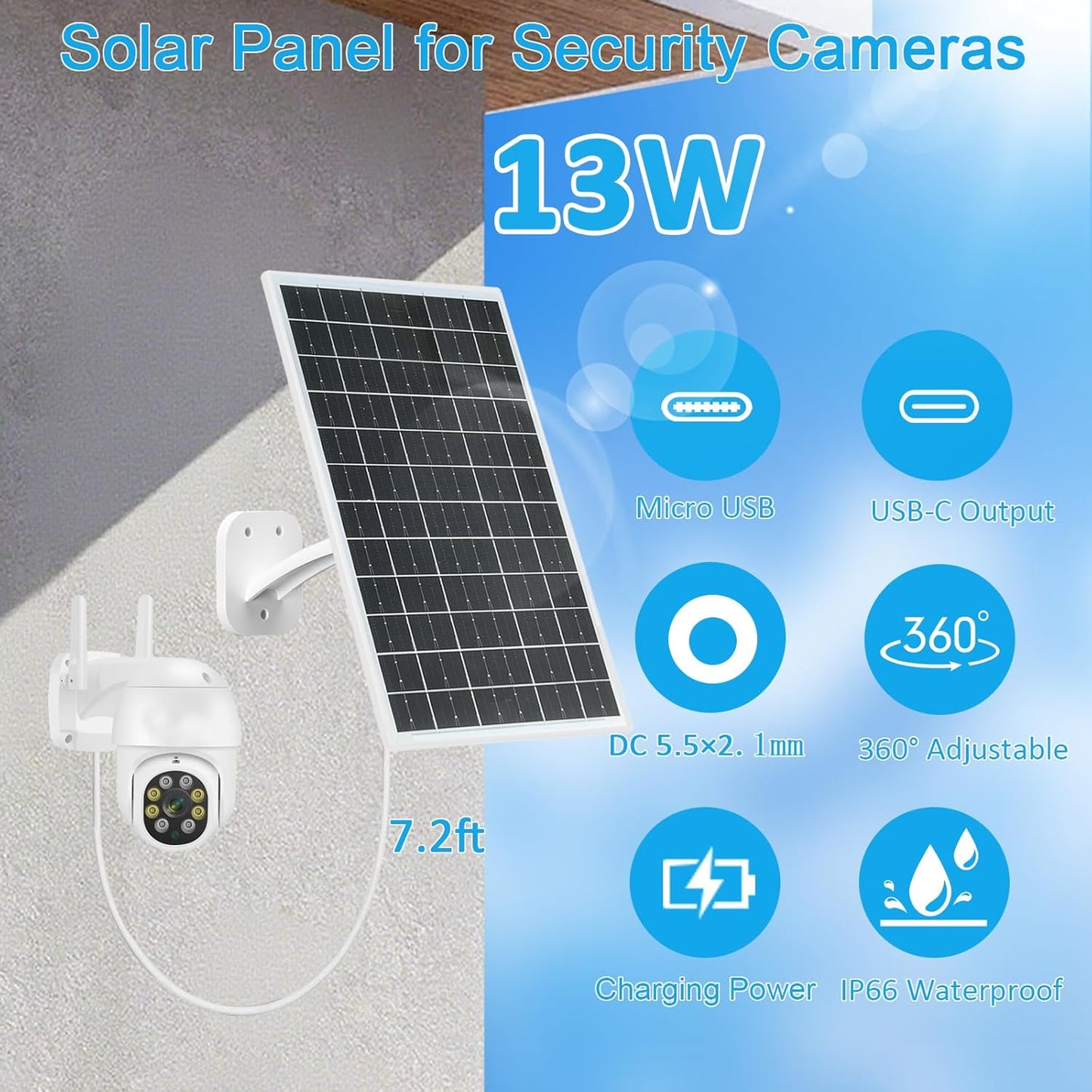 FUTUREZEN 13W Solar Panel for Security Cameras & Trail Cameras, USB-C, Micro USB & 5.5x2.1mm DC Output, IP66 Waterproof, 360° Adjustable Mount, 7.2FT Cable