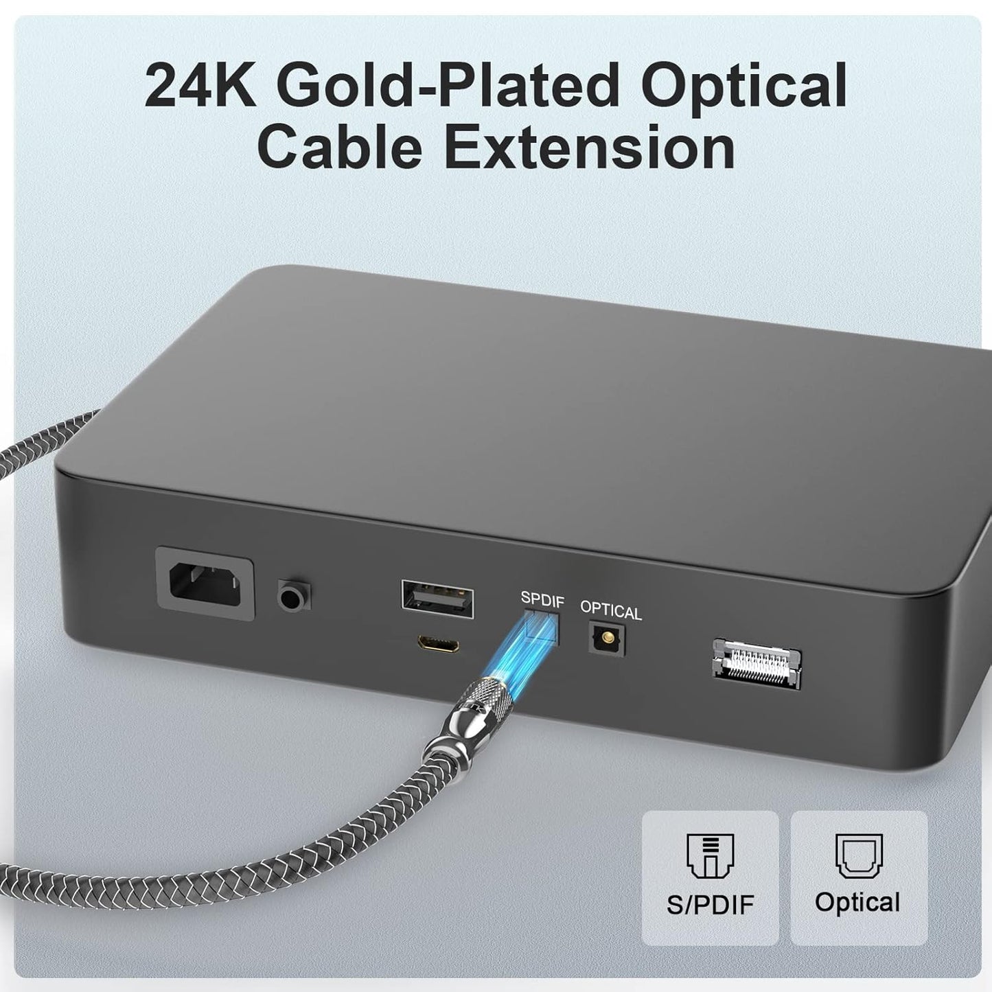 EMK Optical Cable Extension, 24K Gold-Plated Optical Audio Cable Toslink Female to Male Audio Extended Cable Compatible for Sound Bar (1.5 Feet/0.5M, Optic Extension, Silver2)