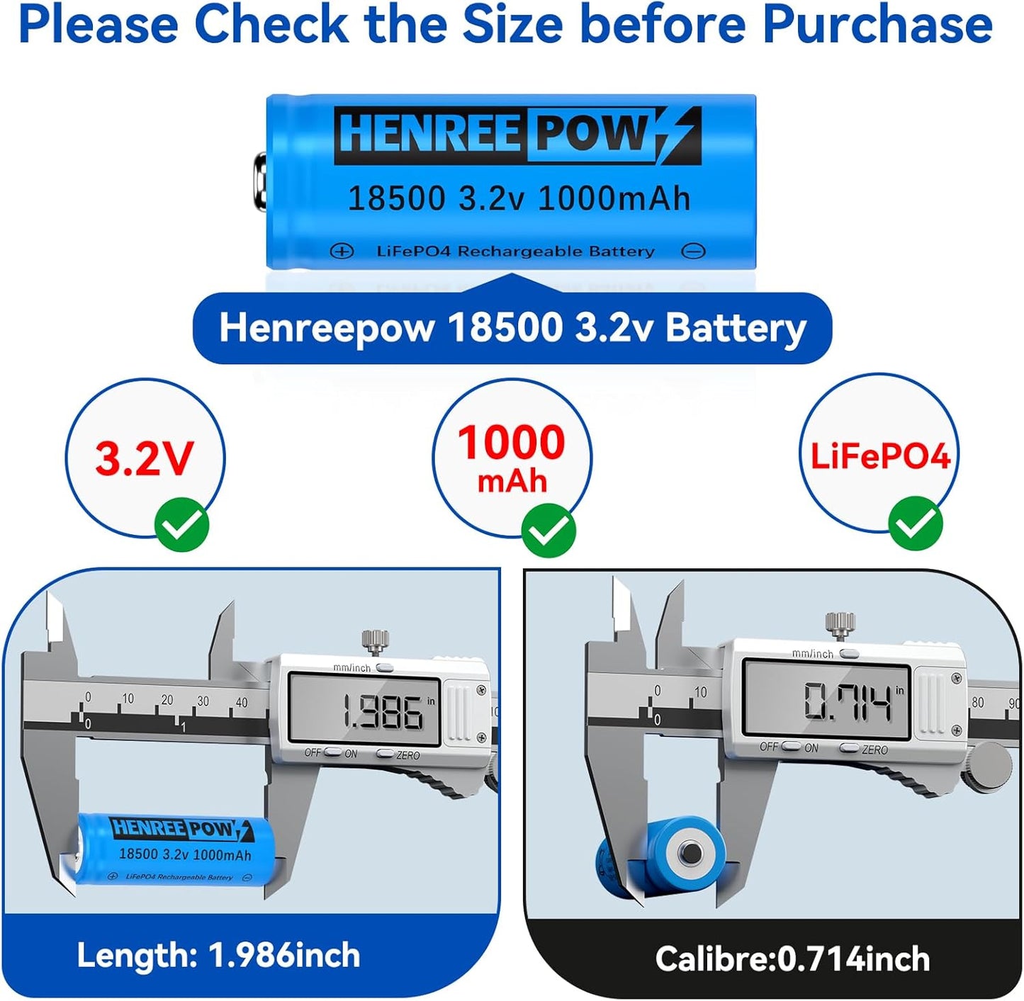 Henreepow 18500 3.2v LiFePo4 Rechargeable Battery, 3.2v LiFePo4 Rechargeable Battery 1000mAh for Outdoor Garden Solar Lights, Flashlight (18500-3.2v-6Pack)