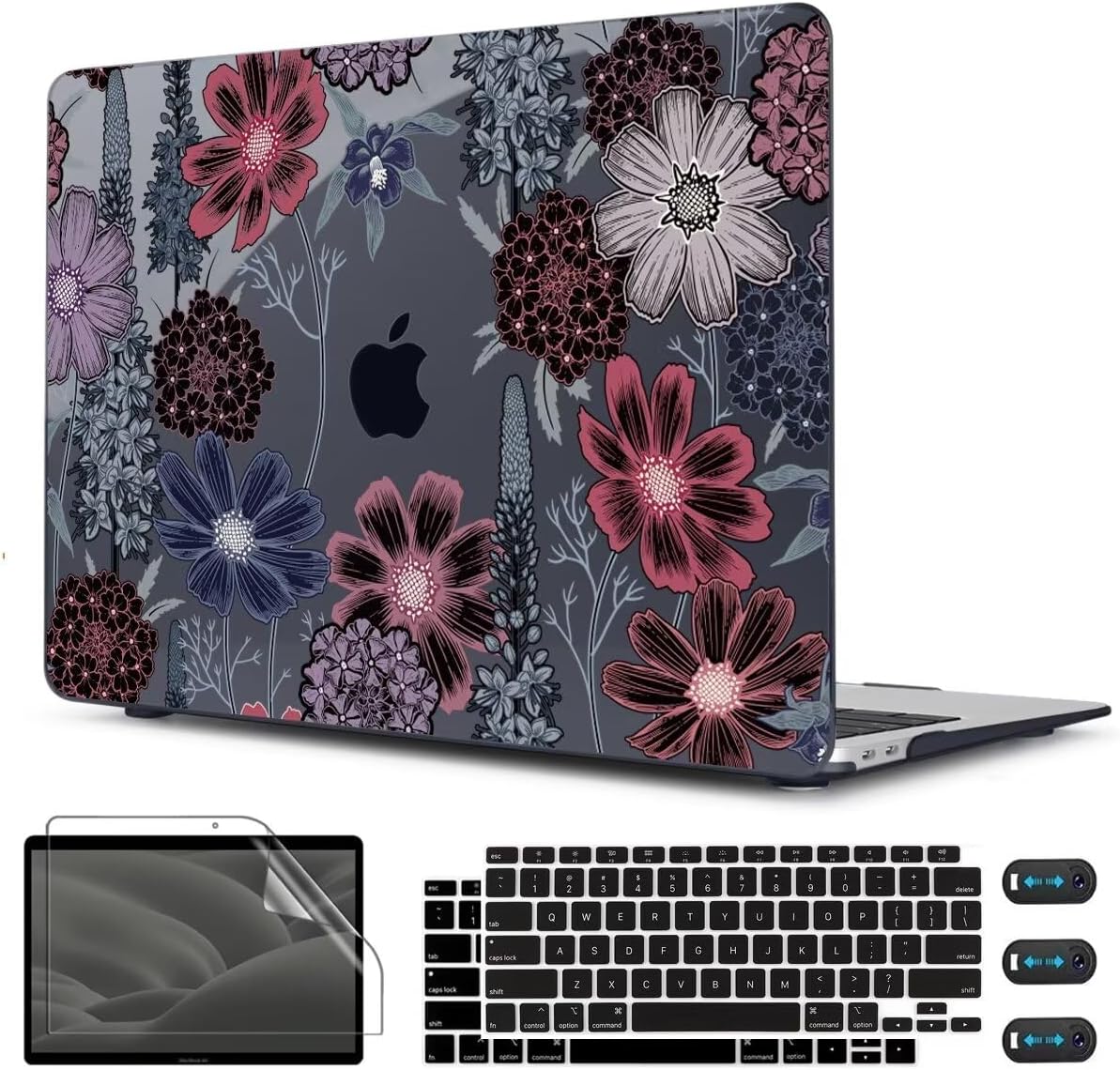 CISSOOK Case for MacBook Air 13 inch M1 Chip A2337 A2179 A1932 2021-2018 Release, Protective Black Shell with Keyboard Skin + Screen Protector for MacBook Air 13-inch with Touch ID, Texture Flowers