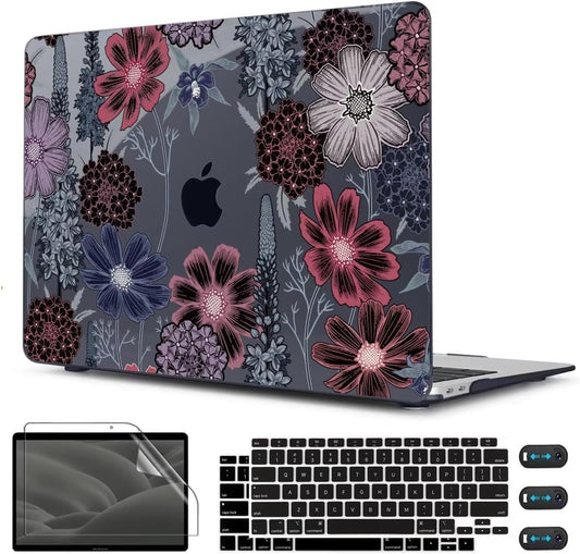 CISSOOK Case for MacBook Air 13 inch M1 Chip A2337 A2179 A1932 2021-2018 Release, Protective Black Shell with Keyboard Skin + Screen Protector for MacBook Air 13-inch with Touch ID, Texture Flowers