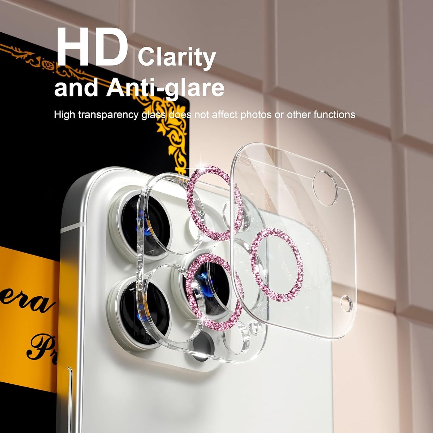 beuxece for 6 Pack iPhone 15 Pro/iPhone 15 Pro Max Camera Lens Protector [Drop Protection] [Case Friendly] [Easy Installation] 9H Tempered Glass Camera Screen Protector Cover, Glitter Pink