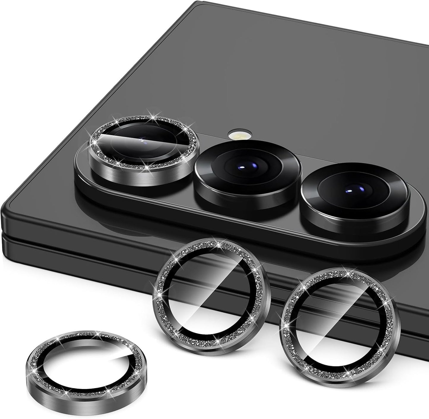 for Samsung Galaxy Z Fold 7 Camera Lens Protector, Individual Metal Ring Tempered Glass Lens Cover, [Strong Adsorption] Scratch Resistant Ultra-Thin HD Clear Lens Cover, 1 Set-Black Sparkly