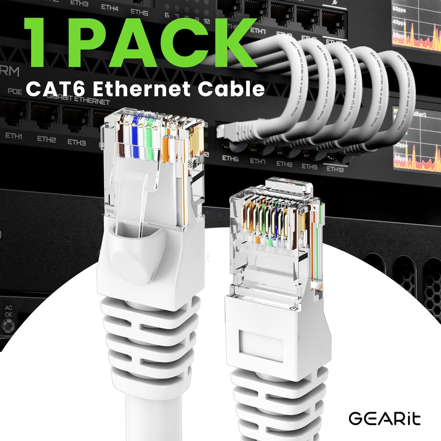 GEARit Cat 6 Ethernet Cable (1-Pack 1 Foot) Cat6 Network Patch, 10Gbps, RJ45, Snagless Cord, Gold-Plated Connectors, Internet for PC, TV, Tablet, Router, Printer, Servers, IT Data Center - White