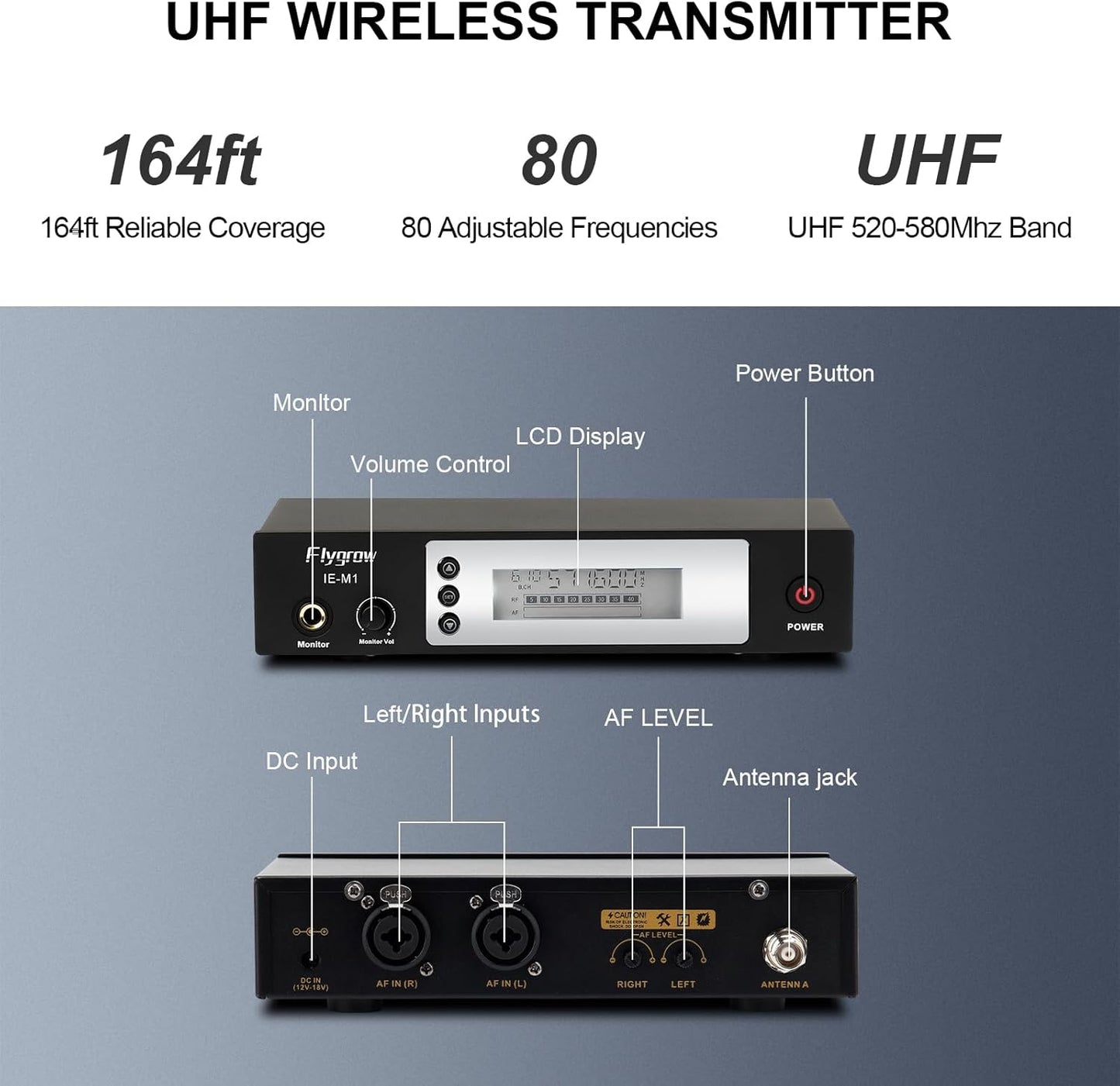 Pro UHF Wireless in Ear Monitor System, Metal IEM Dual Channel Wireless Transmitter and Bodypack Receiver, 80 Adjustable Frequencies,164ft Range, Ideal for Studio, Guitar, Band Performance