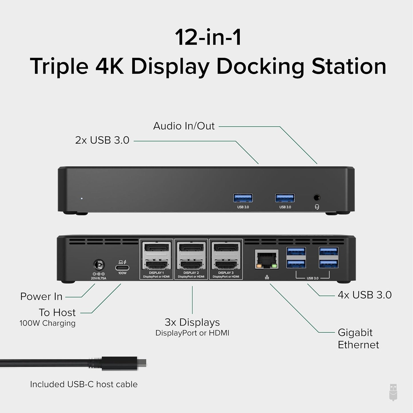 Plugable 12-in-1 USB C Triple Monitor Docking Station, Triple 4K Displays with 3X HDMI or 3X DisplayPort, Compatible with Mac, Windows, Thunderbolt, USB4, USB-C (100W PD, 6X USB Ports, Ethernet)