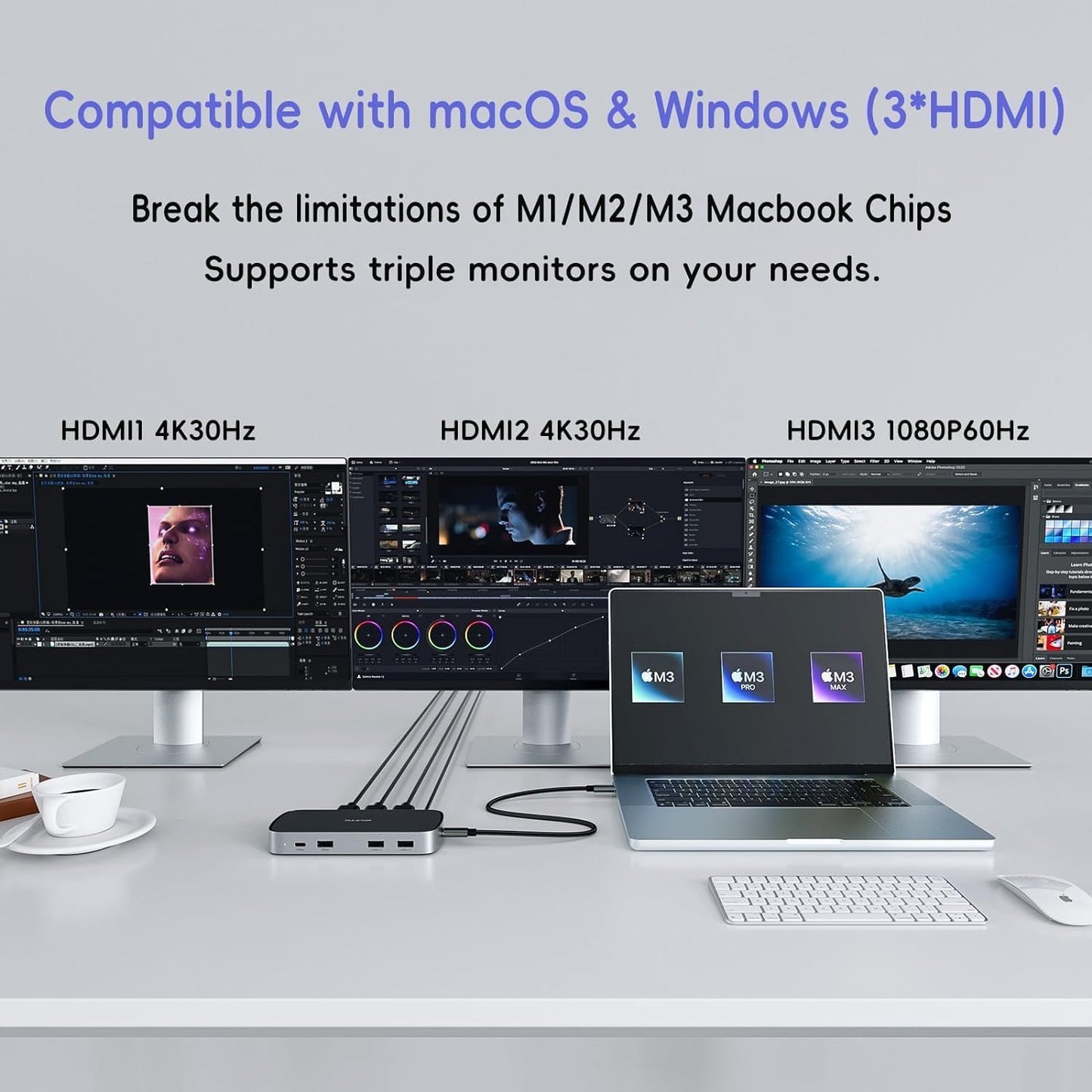 Laptop Docking Station - Triple USB-C, Dual 4K Display, Macbook M1/M2/M3/Windows, USB-A, Ethernet