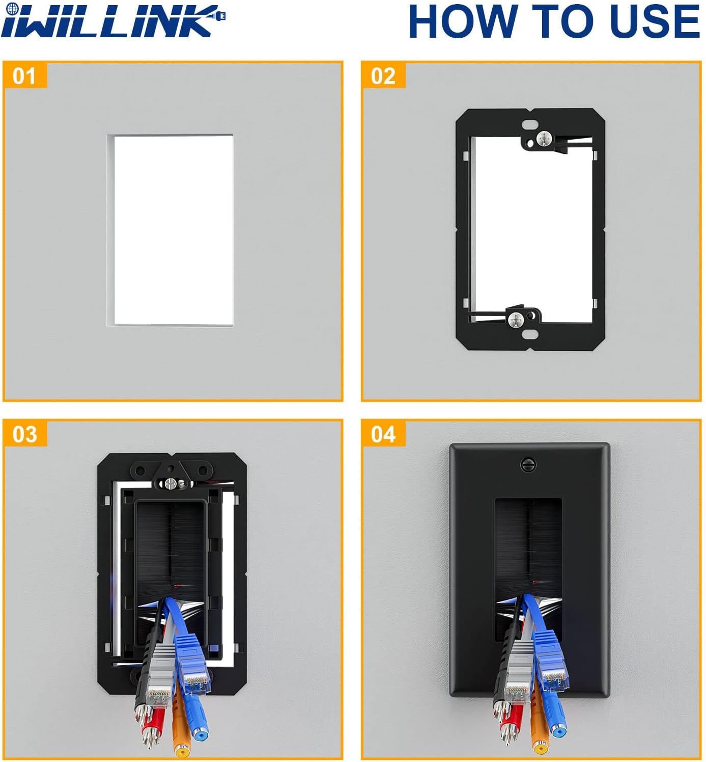 Iwillink Brush Wall Plate (10 Pack), Cable Pass Through Insert for Wires, Single Gang Cable Access Strap, Wall Socket for HDTV, Home Theater Systems - Black