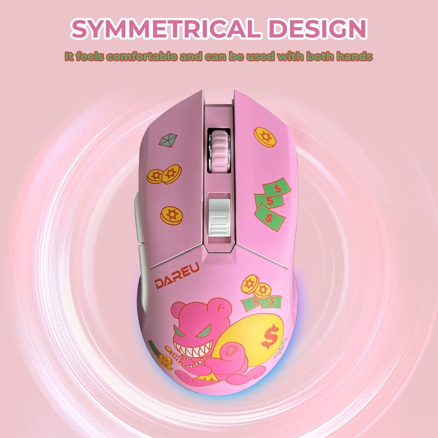 DAREU Pink Wireless Wired Gaming Mouse, Dual-Mode Rechargeable 7 Programmable Buttons,10K DPI,RGB and 7 Adjustable DPI Levels up to [150IPS] [1000Hz] for PC Notebook Mac(Lucky Bear)