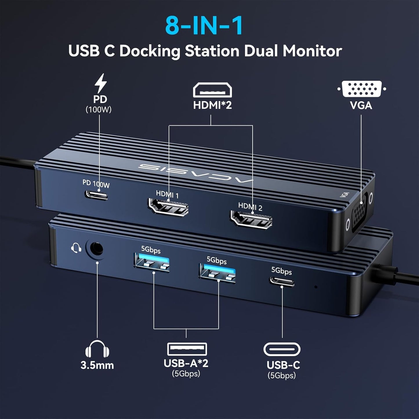 ACASIS USB C Docking Station Dual Monitors,8-in-1 Laptop Docking Station with Dual HDMI +VGA +2 * 5G USB-A/C+3.5MM Audio+PD100W, USB C HUB multiport Adapter for Dell/HP/Lenovo ThinkPad（Gray）