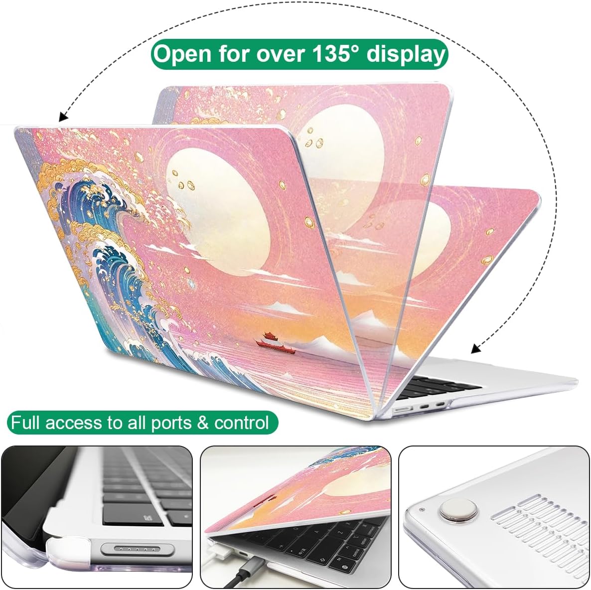 for MacBook Air 13.6 inch Case 2025 M4 A3240 2024 M3 A3113 2022 2023 A2681 M2 Chip, Crystal Plastic Pattern Hard Shell Case Cover for Mac Air 13.6 M4 2025 Touch ID, Sunset Glow Waves