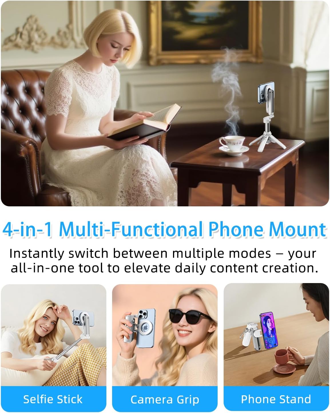 CloudValley Magnetic 4-in-1 Multifunctional Selfie Stick Tripod, Mini Portable Pocket Phone Stand with Detachable Remote, Compatible with MagSafe, for iPhone/Android, Travel Vlog, Live Stream, White