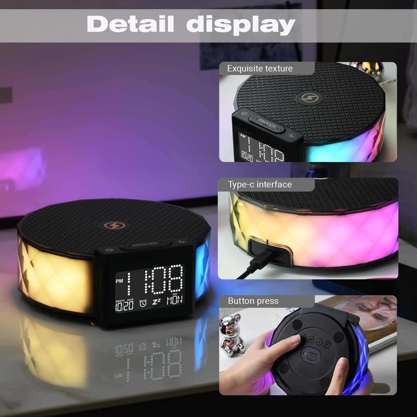 Alarm Clock with Fast Wireless Charging 15W,Digital Alarm Clock Night Lamp for Bedroom, RGB Nightlight for 5 Colors,Snooze Mode,8 Types of Music with Cable (Black)