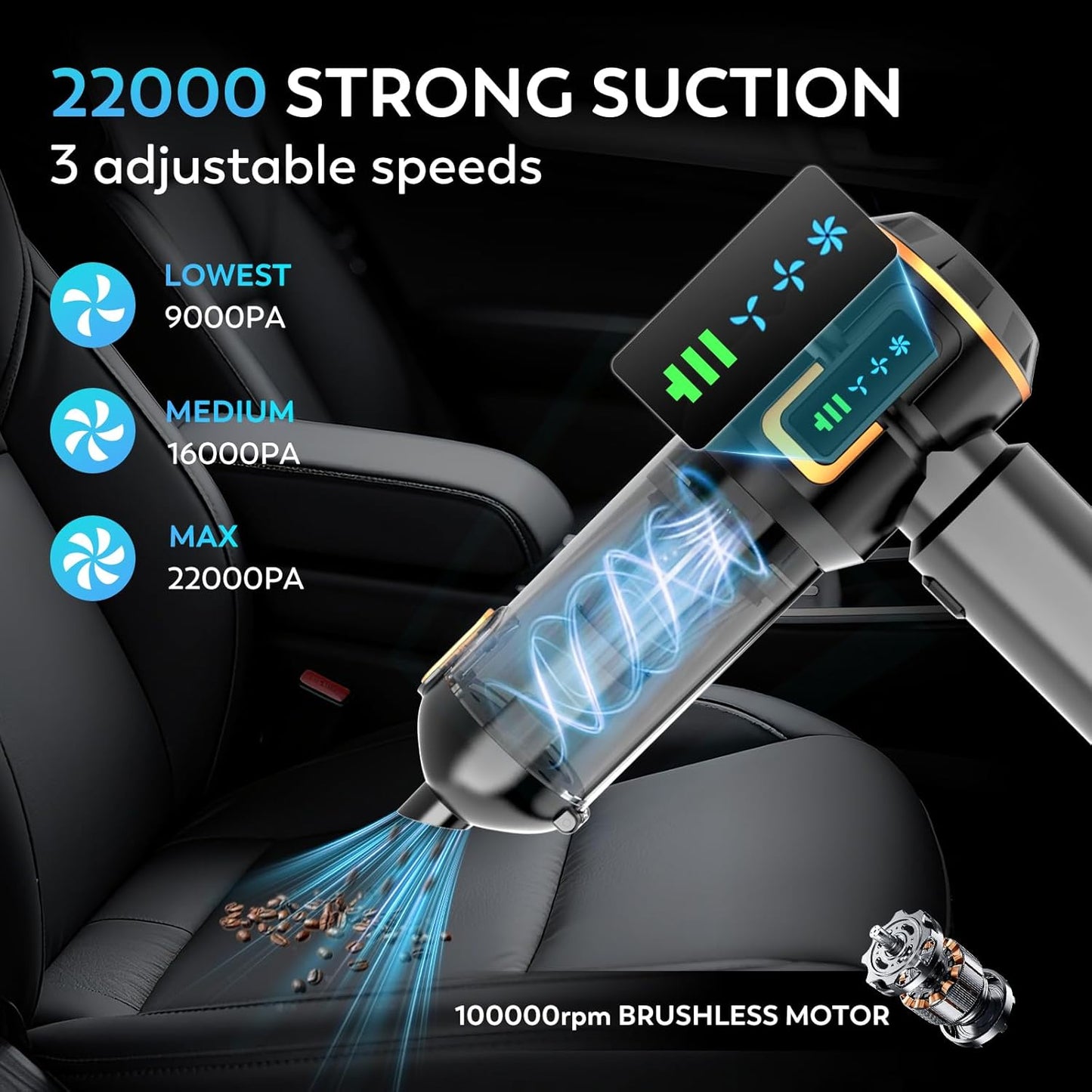 Car Vacuum Cleaner, 22000PA High Power Portable Handheld Car Vacuum & Air Duster, Mini Cordless Vacuum with LED Display, for Home, Office, Camping (Black Golden)