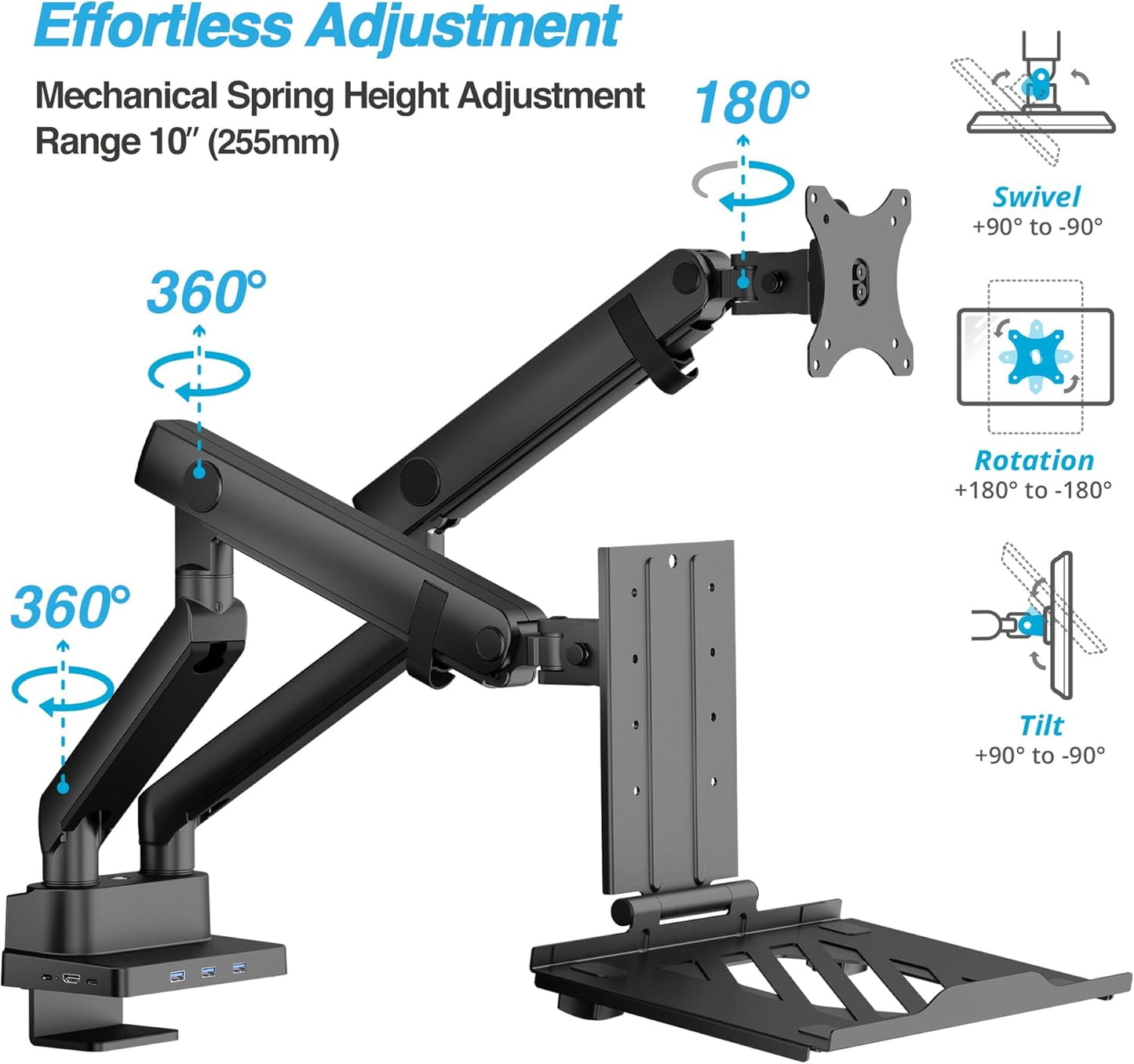 AVLT Dual 17”-38" Monitor Arm Desk Mount with 17" Laptop Tray and USB-C Docking Station, HDMI 4K60Hz, USB-A 5Gbps, Ethernet, 100W PD, Fits Two Flat/Curved Monitor - Black