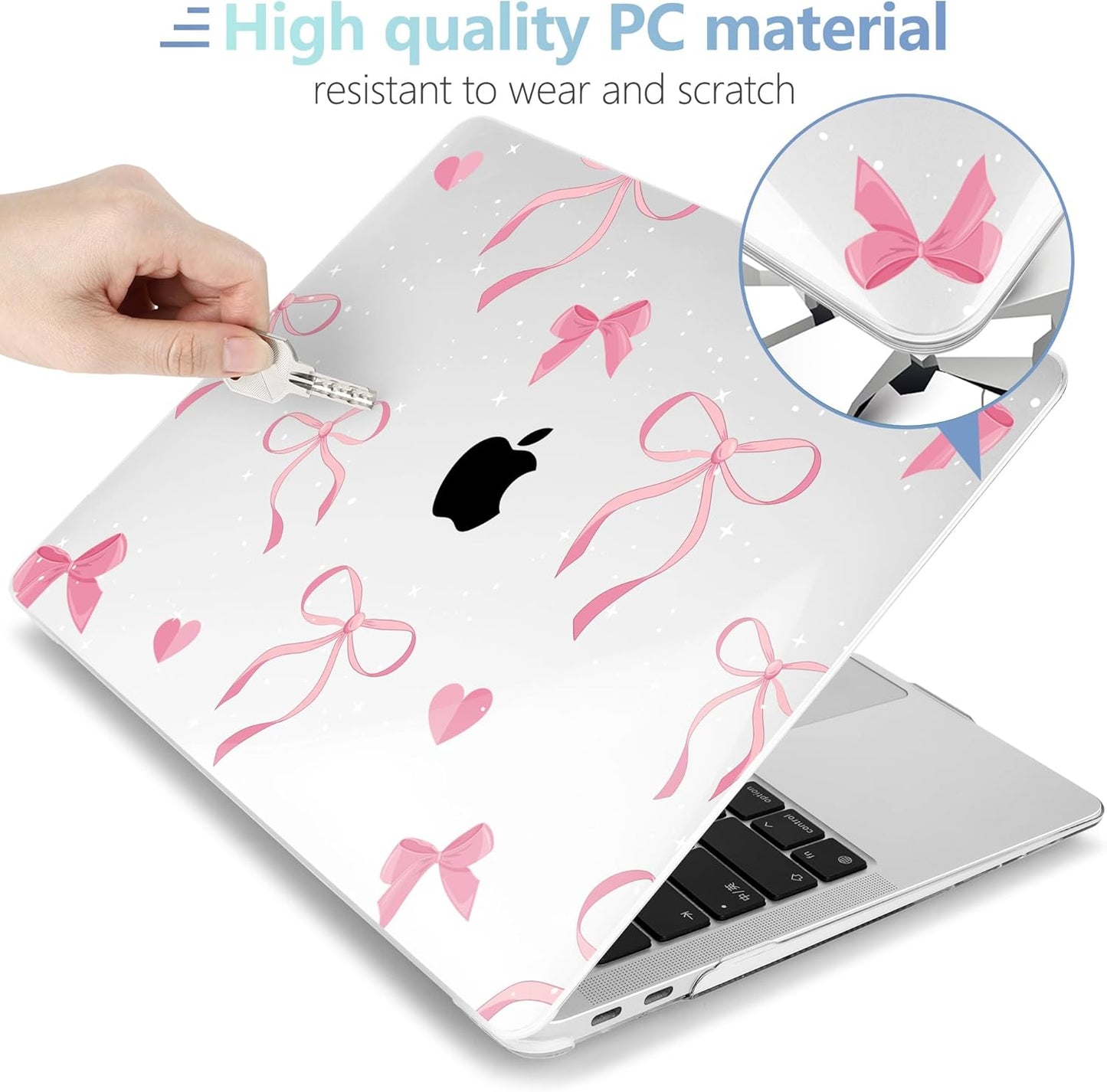 MEEgoodo for MacBook Air 13.3 inch Case 2021 2020 2019 2018 A2337 M1 A2179 A1932, Laptop Shell for MacBook Air M1 with Keyboard Webcam Cover & Trackpad Film & Type C Adapter,Pink Ribbons Bows