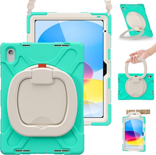 BRAECN Kids Case for iPad (A16) 11th/10th Generation 11”/10.9'' 2025/2022-Shockproof Silicone Cover w/Screen Protector/Pencil Holder/Swivel Handle Grip/Kickstand/Carrying Shoulder Strap, Mint Green