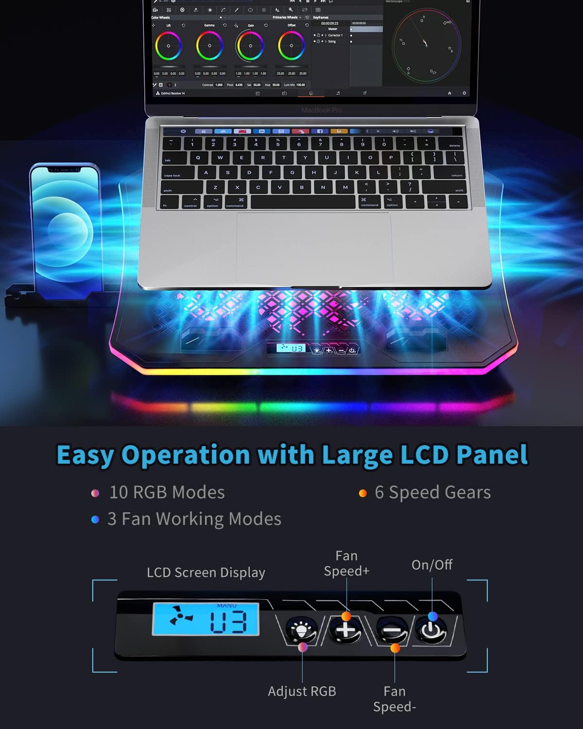 Laptop Cooling Pad, KeiBn RGB Laptop Cooler for 15.6-17.3 Inch Laptops, with 10 Modes Lights | 6 Fans | 7 Height Stands | 2 USB Ports | Desk or Lap Use (A8/Purple)