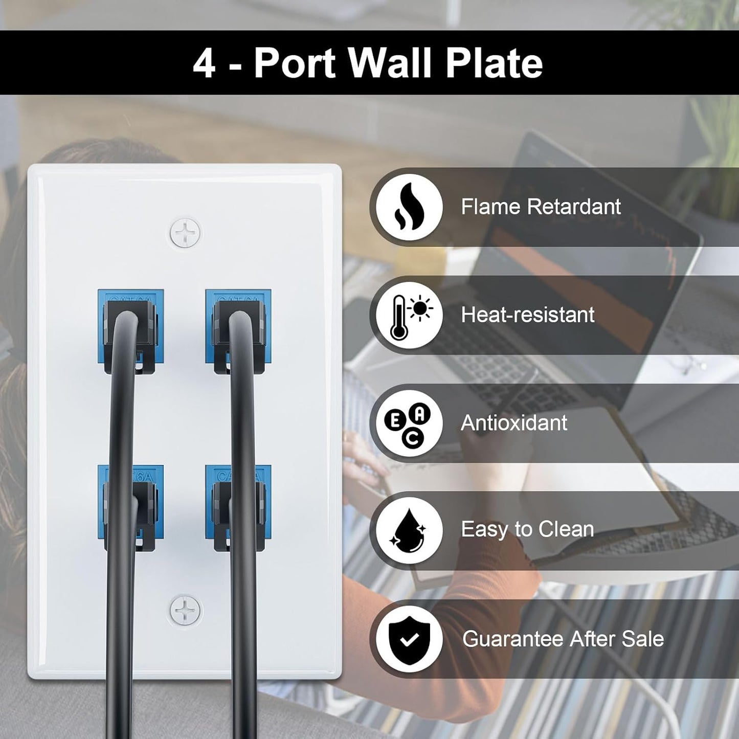 FGB 4-Port Keystone Wall Plate 20-Pack, Low-Profile Single Gang Wall Plates for RJ45, HDMI, and Coax Keystone Inserts, White