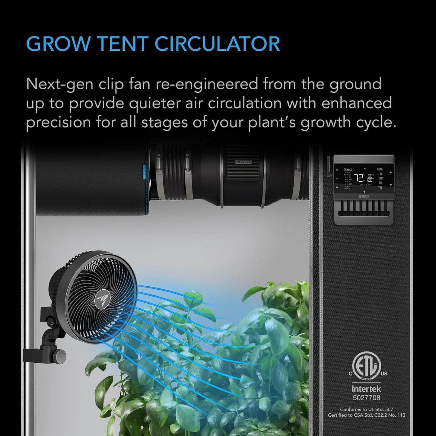 AC Infinity CLOUDRAY A9, Grow Tent Clip Fan 9” with Redesigned Long-Life EC Motor, Custom 10 Dynamic Wind Speeds, Weatherproof IP-54, Manual Swivel, for Hydroponics Circulation Cooling