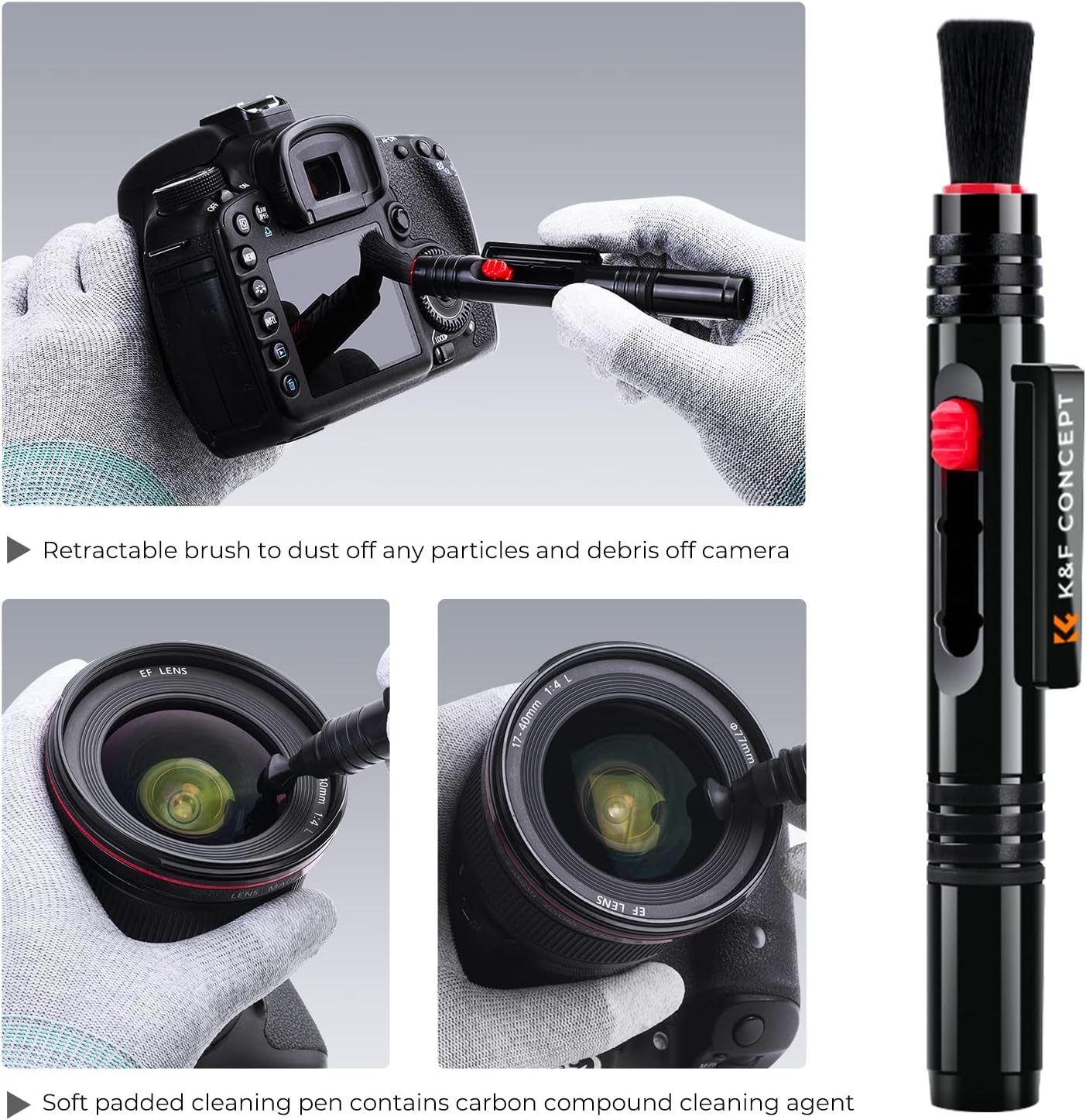 K&F CONCEPT Professional Lens Cleaning Pen with Soft Brush, Carbon Head Lens Cleaning Pen Compatible with Canon, Nikon, Pentax, Sony Digital Camera Cleaning,AR VR Glasses Cleaning