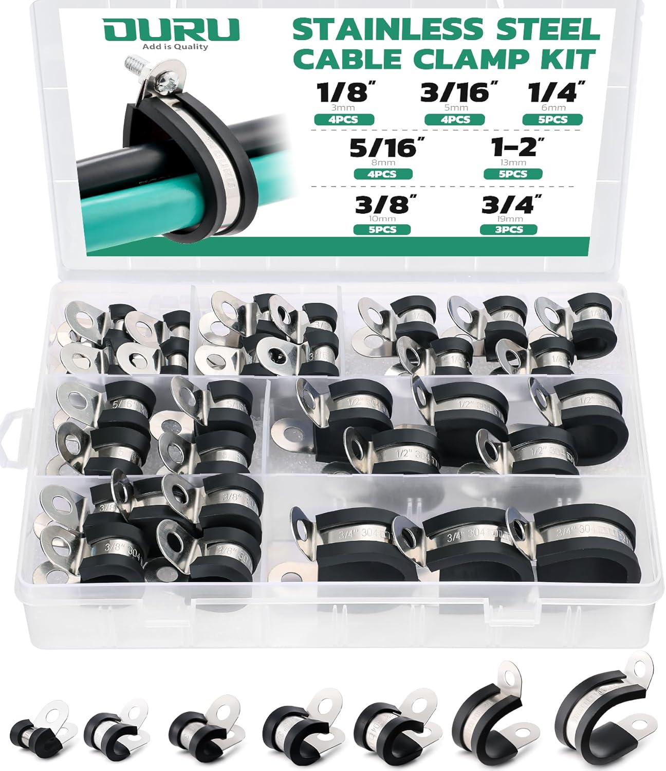 30PCS Cable Clamps Assortment Kit,7 Sizes—1/8" 3/16" 1/4" 5/16" 3/8" 1/2" 3/4" Stainless Steel Rubber Coated Cushioned Insulated Cable Clamp,Automotive Wire Pipe Clamps