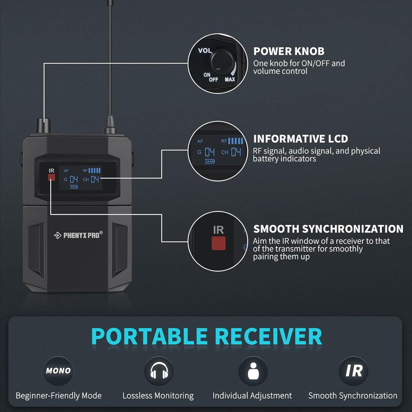Phenyx Pro in Ear Monitor for Musicians, UHF Wireless in-Ear Monitors System, Mono 2-Channel IEM, Metal Stage Monitor w/ 2x50 Frequencies, 164ft Long Coverage, Rack Mount Kit (PTM-22, 4 Bodypacks)