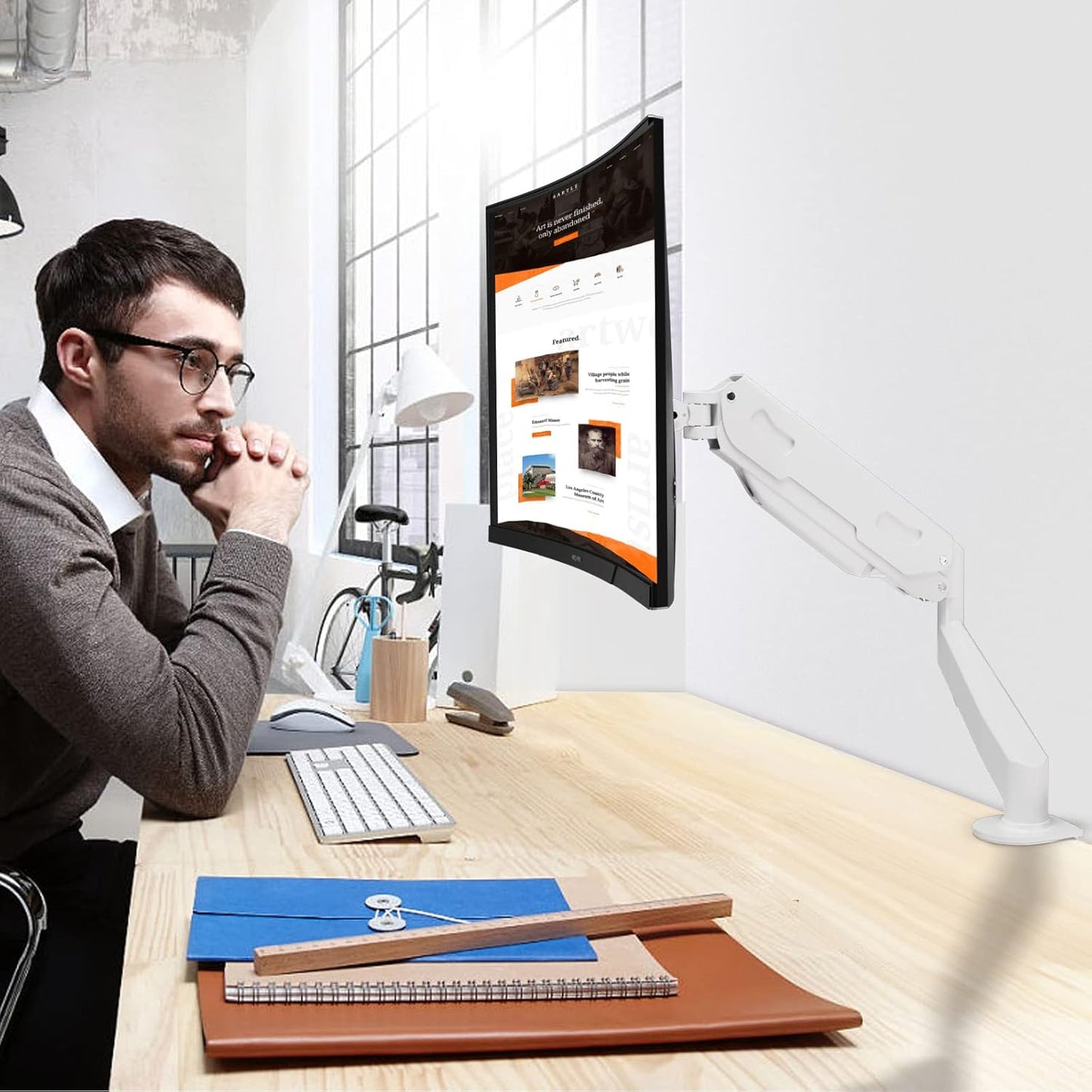 Gas Spring Monitor Arm 32 Inch,Adjustable Single Monitor Desk Mount with Swivel/Tilt/Rotation,Computer Monitors Stand Holder with Clamp/Grommet Mounting Base, VESA Mount Bracket,White