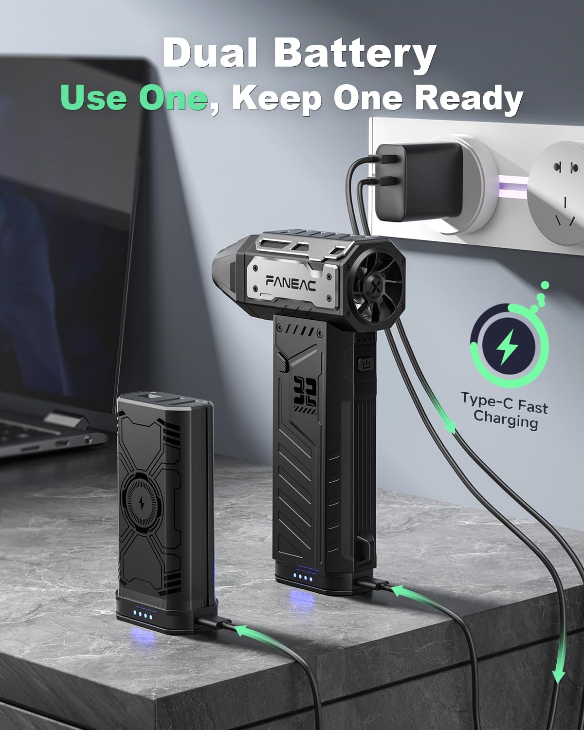 Compressed Air Duster, Ultra-Powerful Electric Air Duster, 150,000 RPM Premium Brushless Motor, for Keyboard, PC, Electronics, and All Filterse (2× Battery Pack)