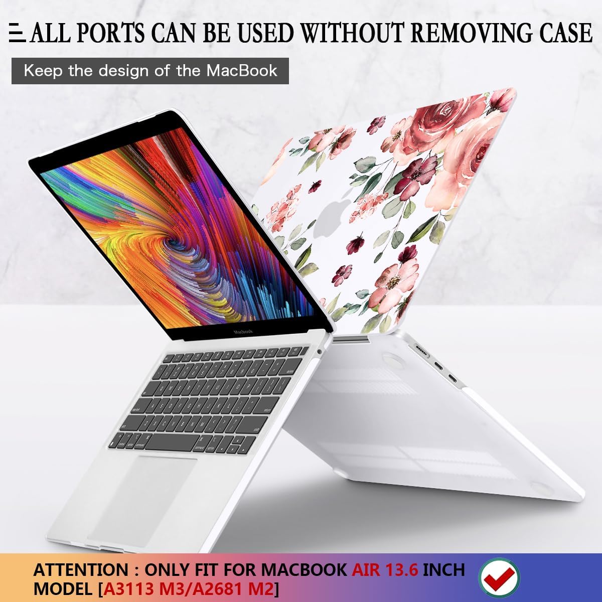 CISSOOK for MacBook Air 13.6 inch Case 2025 2024 2022 Release A3240 A3113 A2681, Matte Hard Shell Case Flower Cover with Keyboard Cover + USB Adapter for MacBook Air 13.6 M2 M3 M4 with Touch ID