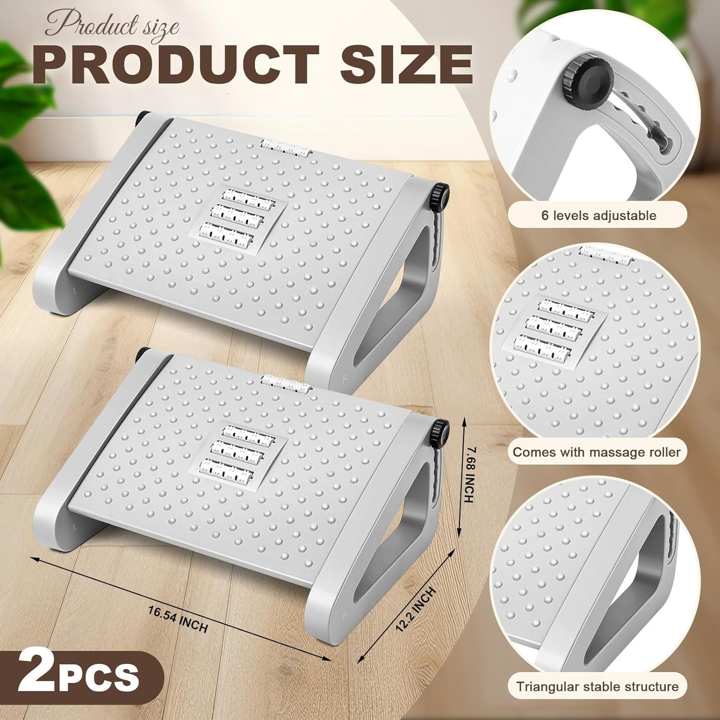 2 Pcs Foot Rest for Under Desk at Work, Ergonomic 6 Heights Adjustable Footrest with Massage Roller, Chair Footrest for Leg Rests for Office and Home Pressure Relief(Gray)