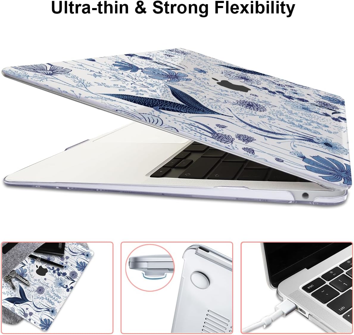 for MacBook Pro 13 Inch Case 2022 2021 2020 Release A2338 M2 M1 A2251 A2289, Plastic Hard Shell Case for MacBook Pro 13.3 inch with Touch Bar & Touch ID, Navy Blue Wild Flowers