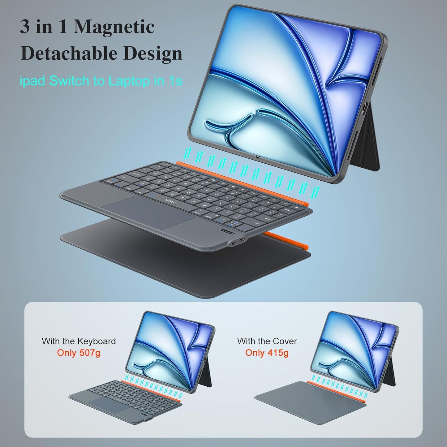 iPad Air 11 inch Case with Keyboard (M3 M2 2025 2024),Pro 11,iPad A16 11th/10th,Flex Magnetic Detachable Keyboard with Trackpad,Backlit Keys,Adjustable Stand,Slim for Air 5th/4th Gen 10.9 inch (Gray)